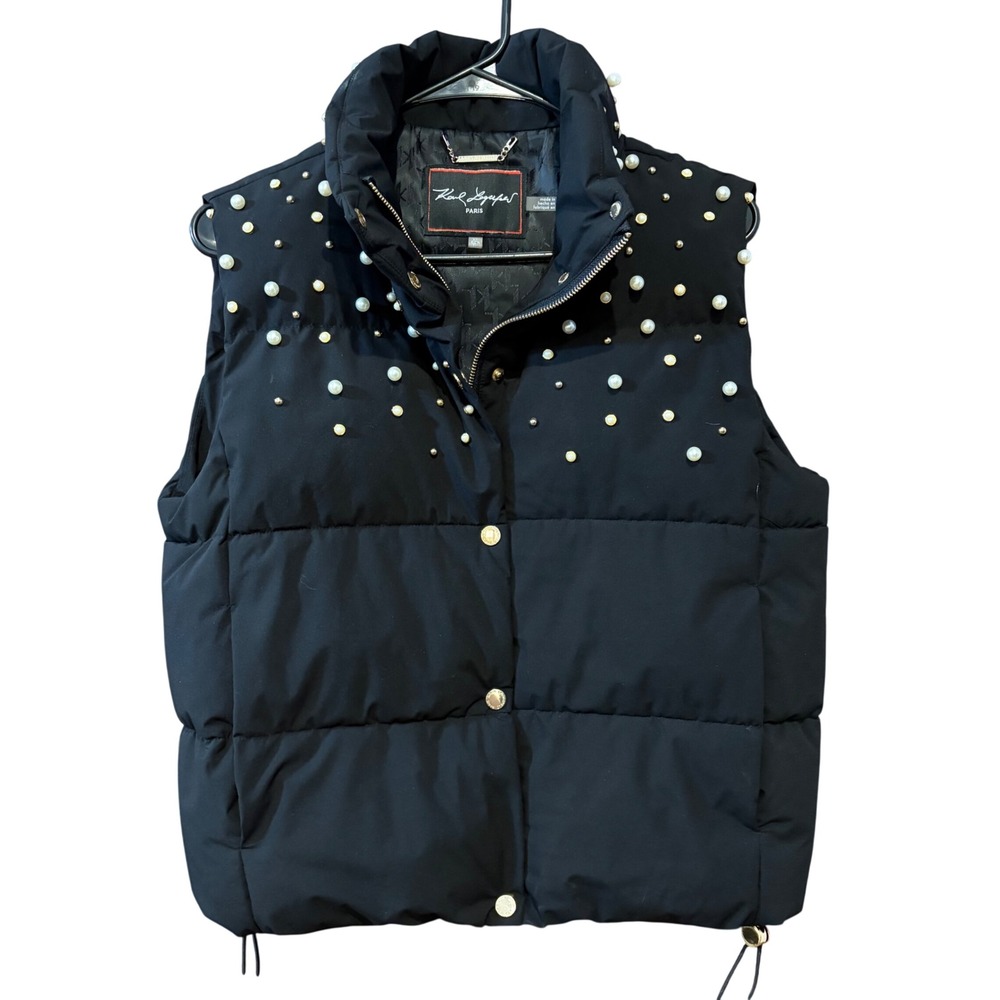 Karl Lagerfeld Paris Pearl Studded Puffer Vest Black Quilted Sleeveless L4ZT7112